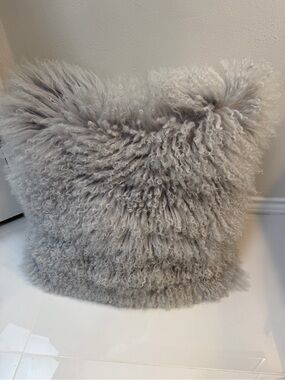 Z Gallerie Gray Curly Mongolian Fur Accent Pillow